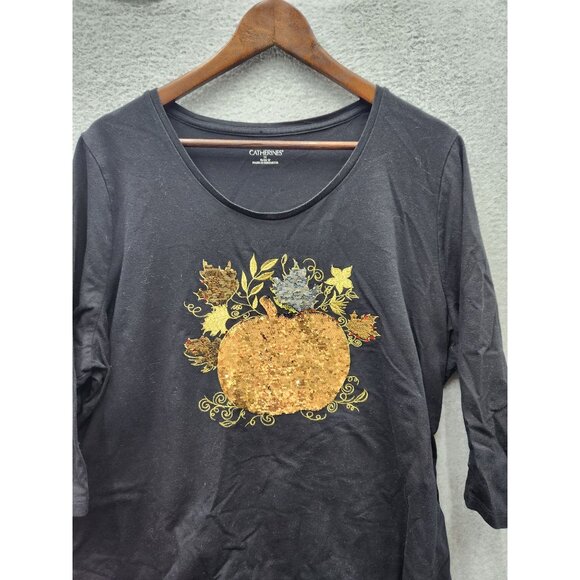 Jack o lantern Black 3/4 Sleeve Womens Top With Sequin Autumn Harvest Design By - Picture 2 of 7